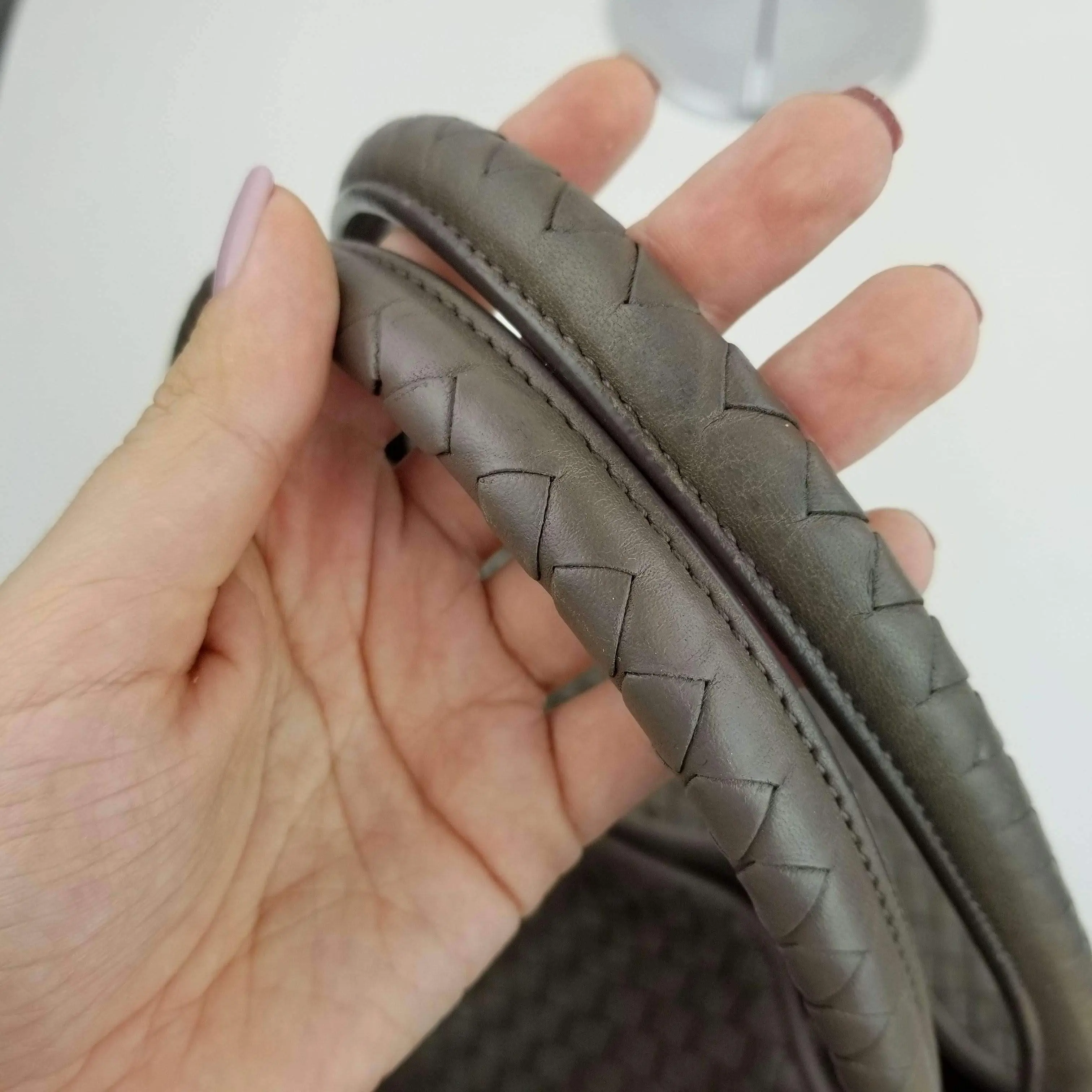 Bottega Veneta Grey Intrecciato Woven Nappa Leather Parachute Bag - Image 9