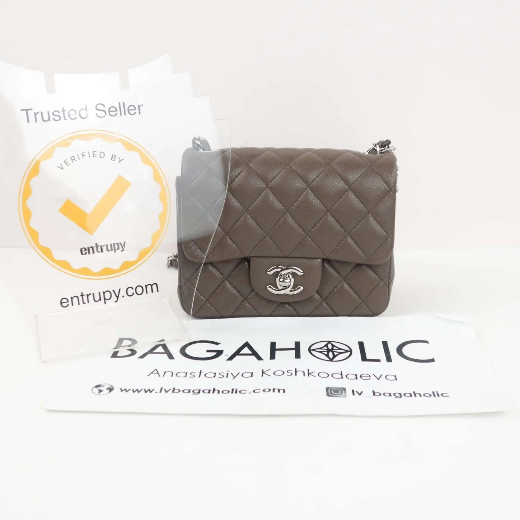 Chanel Brown Quilted Caviar Leather Classic Square Mini Flap Bag - Image 3