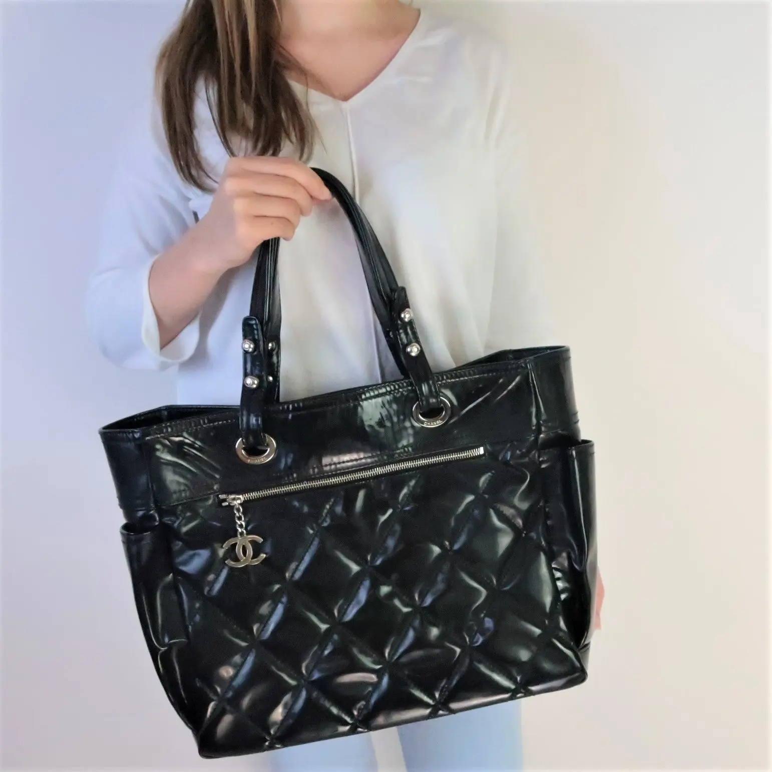 Chanel Black Patent Leather Biarritz Tote Bag