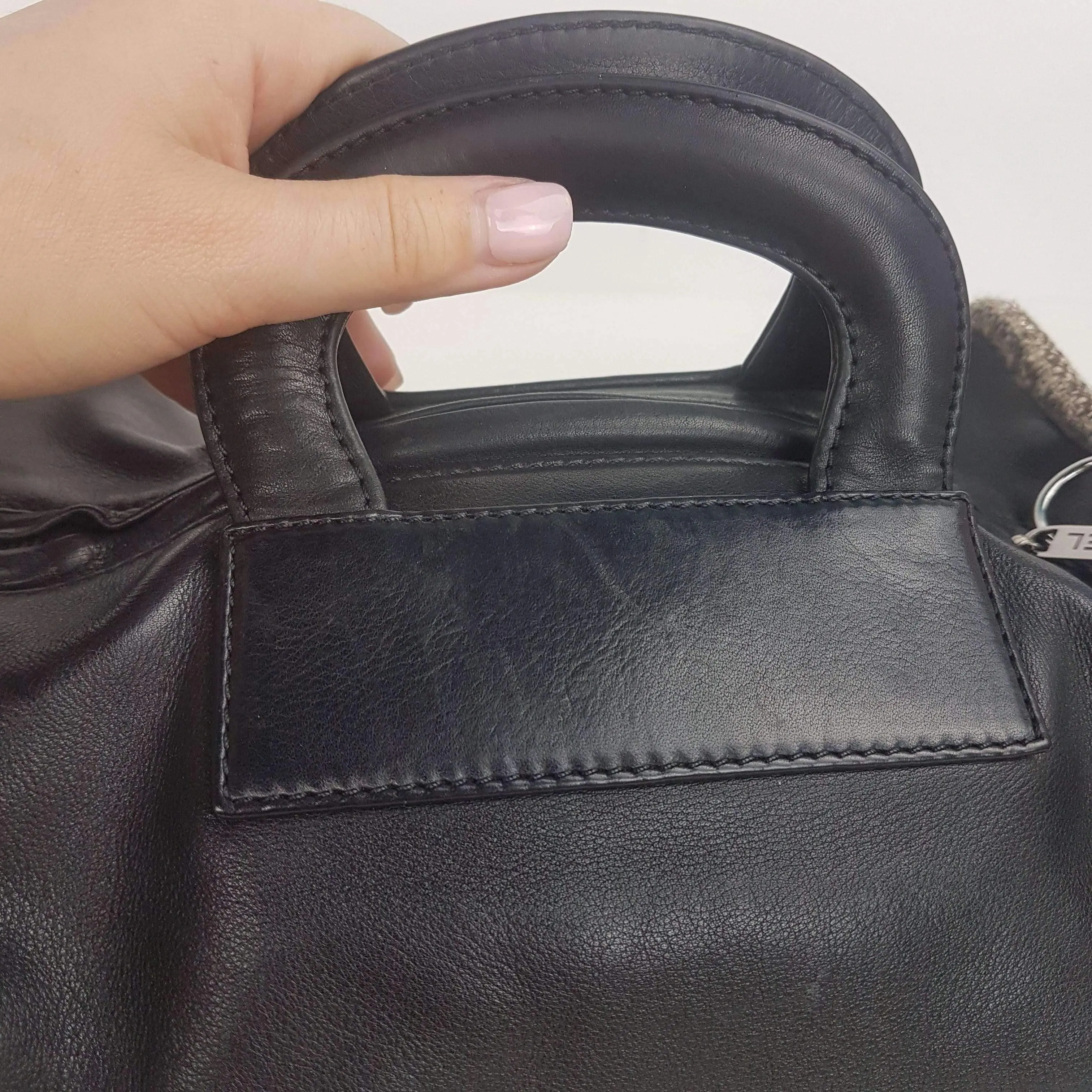 Chanel Vintage Black Leather Bowler Tweed Trim Bag - Image 18