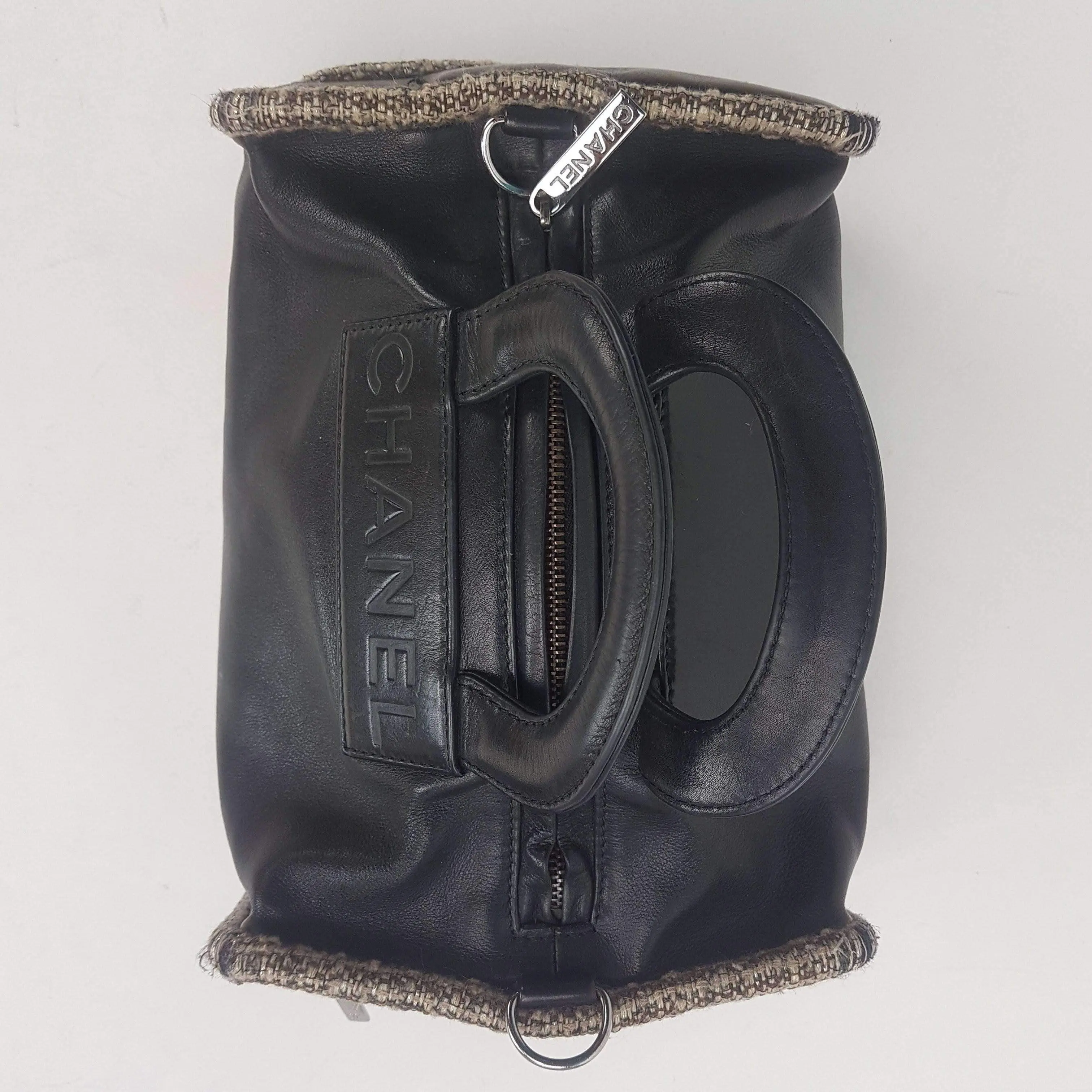 Chanel Vintage Black Leather Bowler Tweed Trim Bag - Image 20