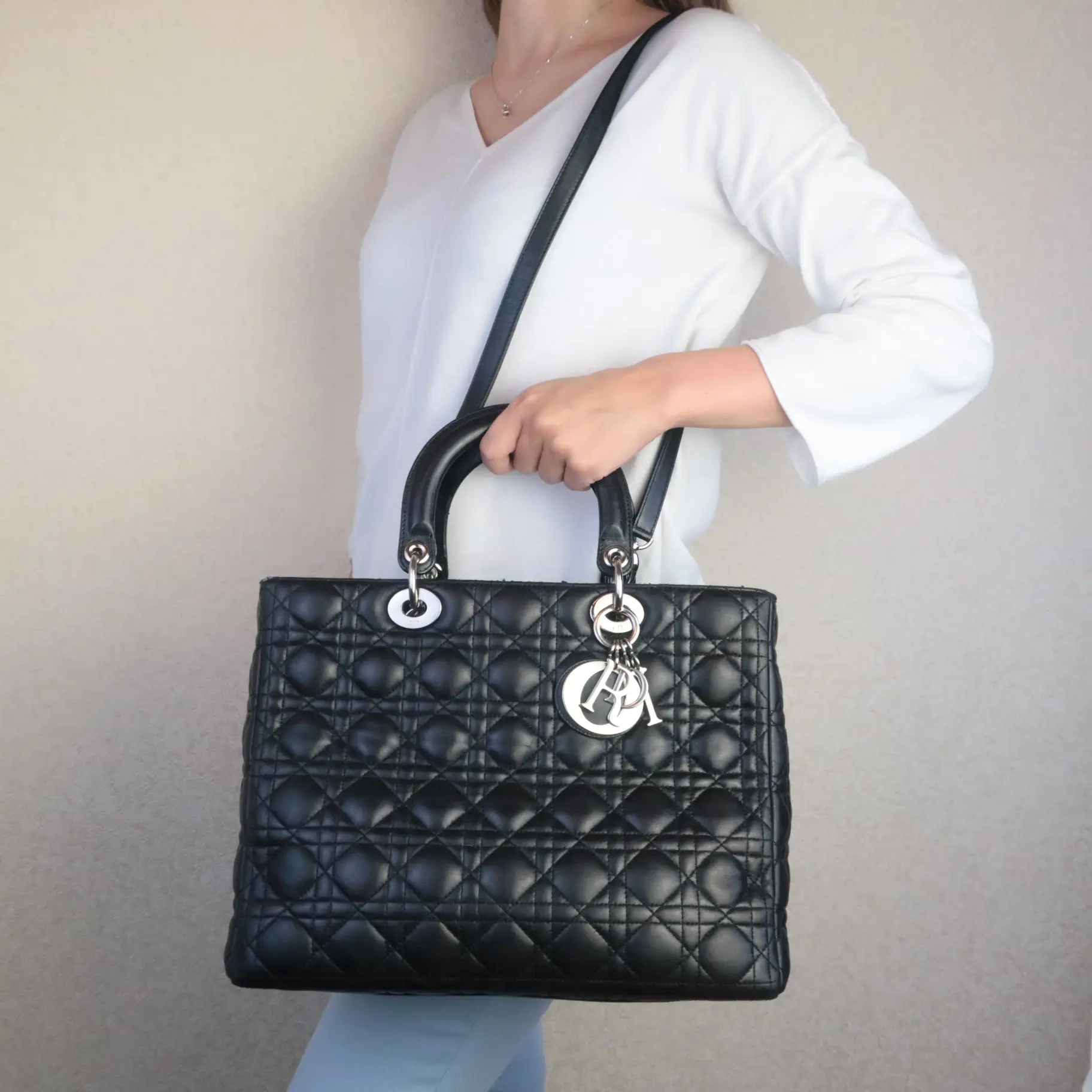 Christian Dior Black Cannage Lambskin Large Lady Dior Shoulder Bag