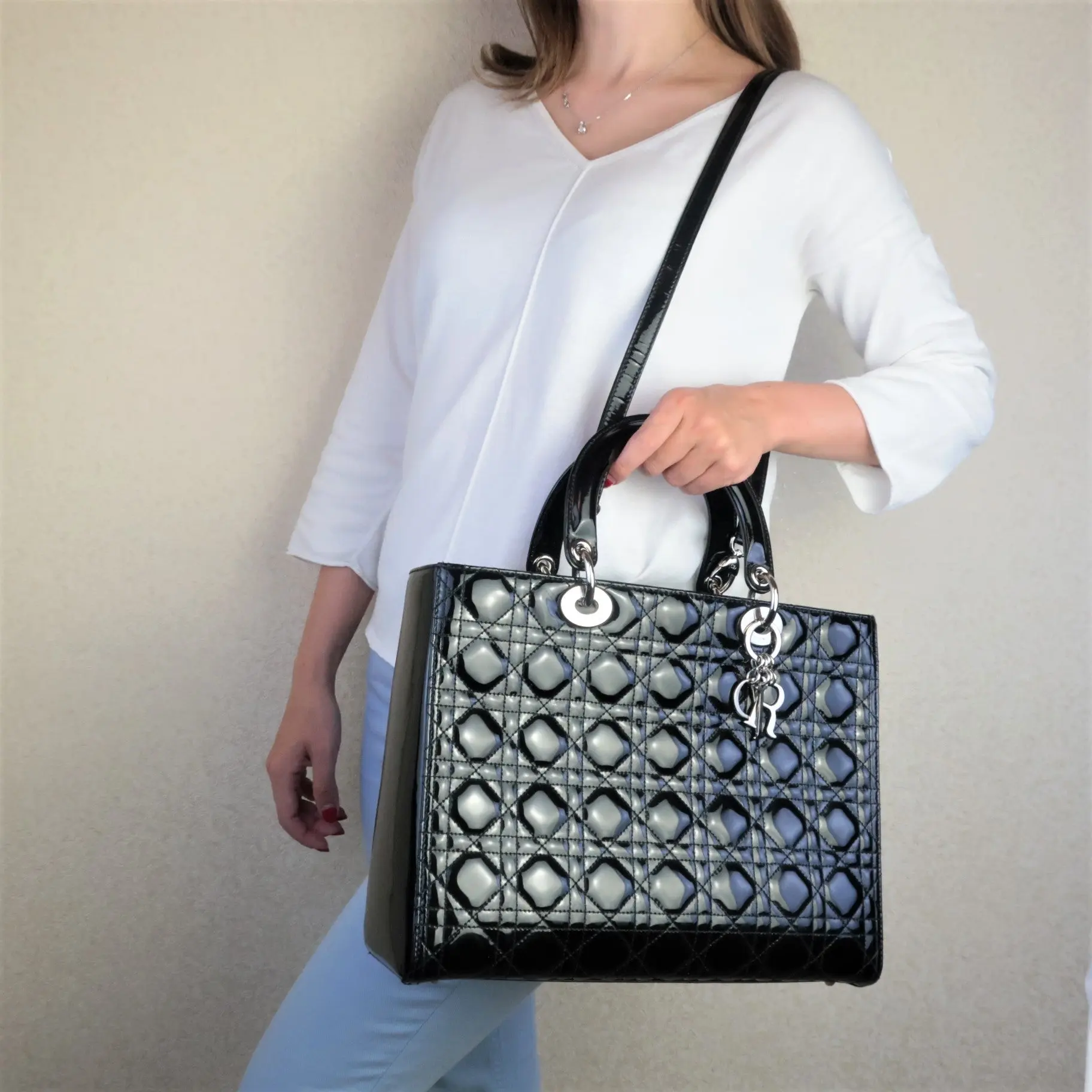 Christian Dior Black Cannage Patent Leather Large Lady Dior Shoulder Bag