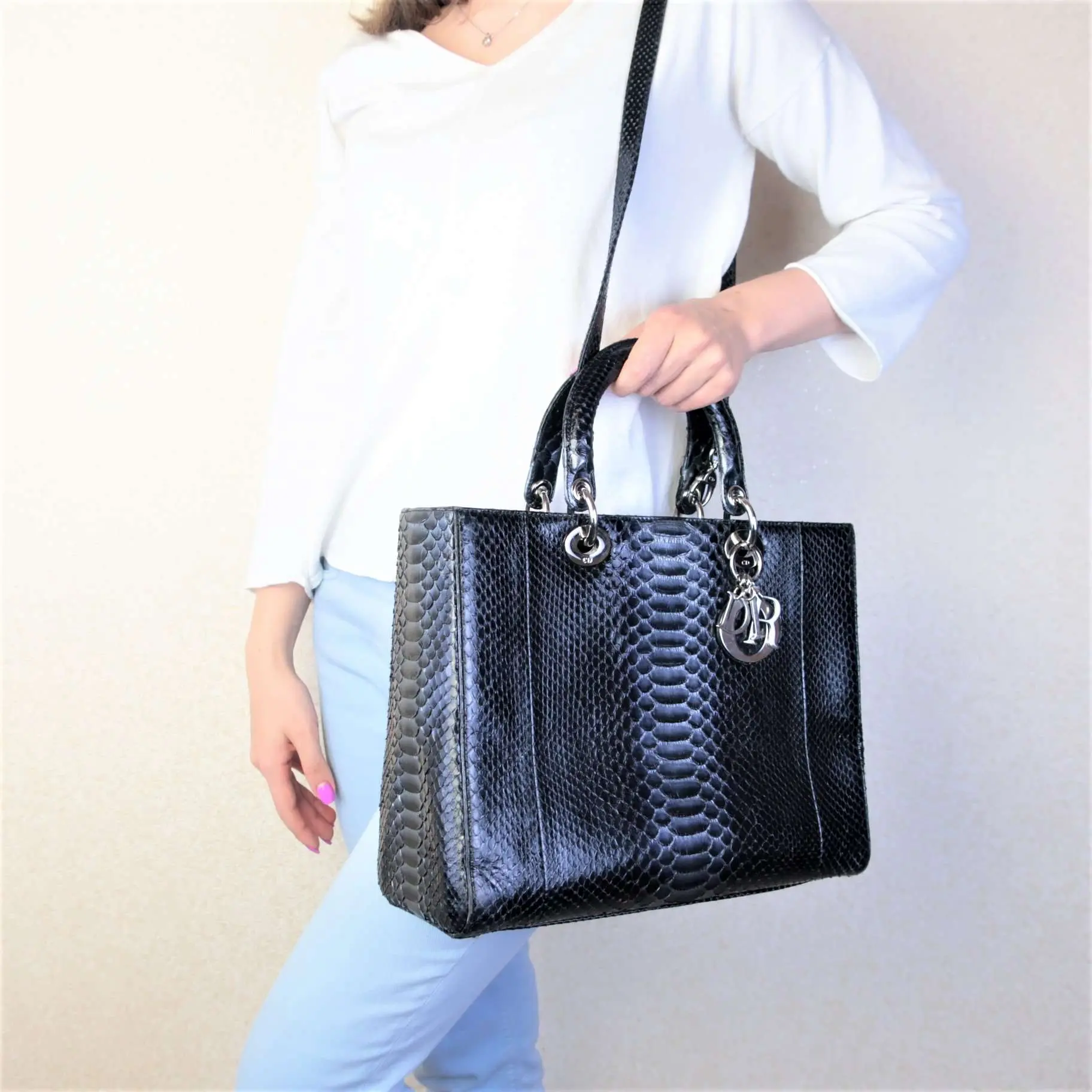 Christian Dior Black Python Large Lady Dior Bag