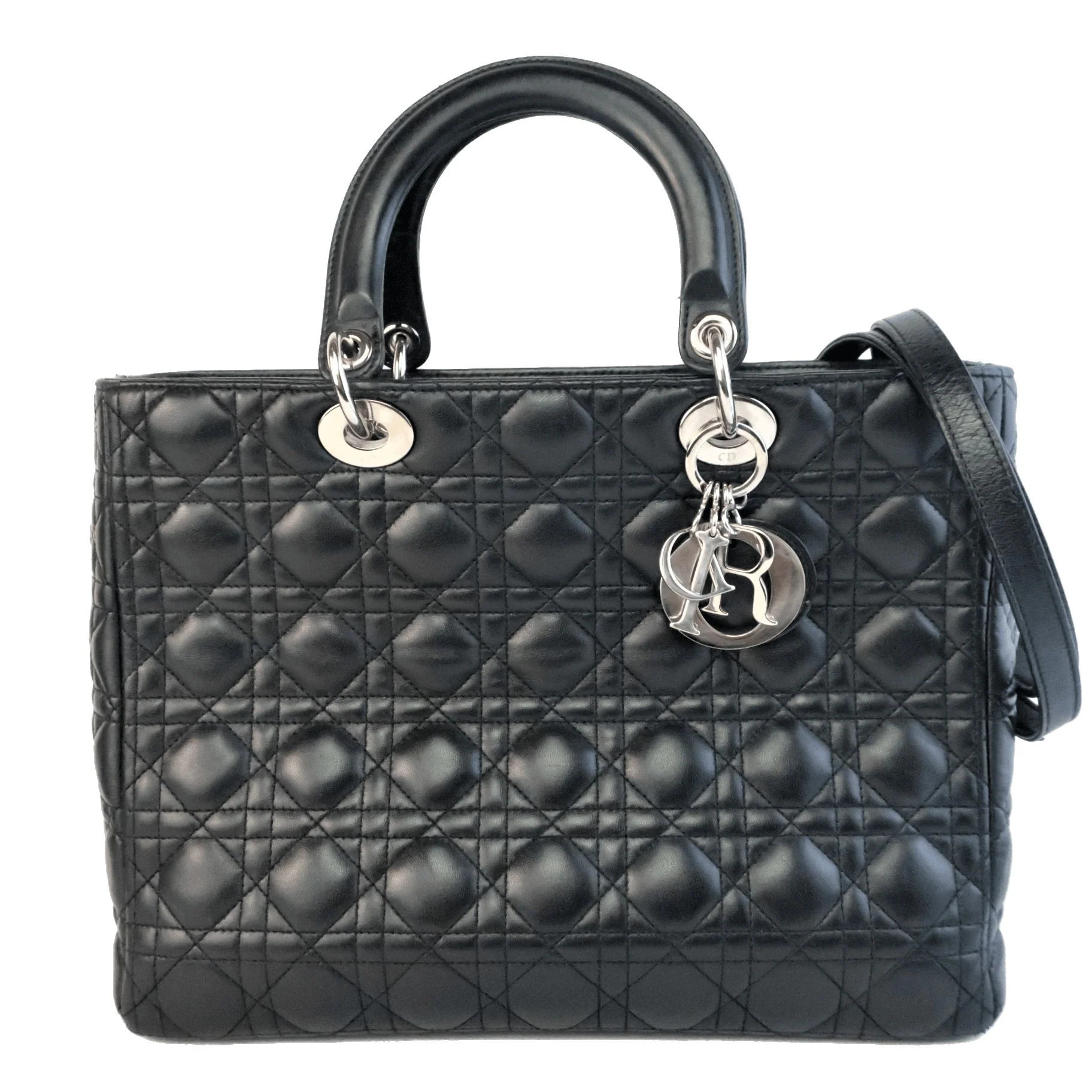 Christian Dior Black Cannage Lambskin Large Lady Dior Shoulder Bag