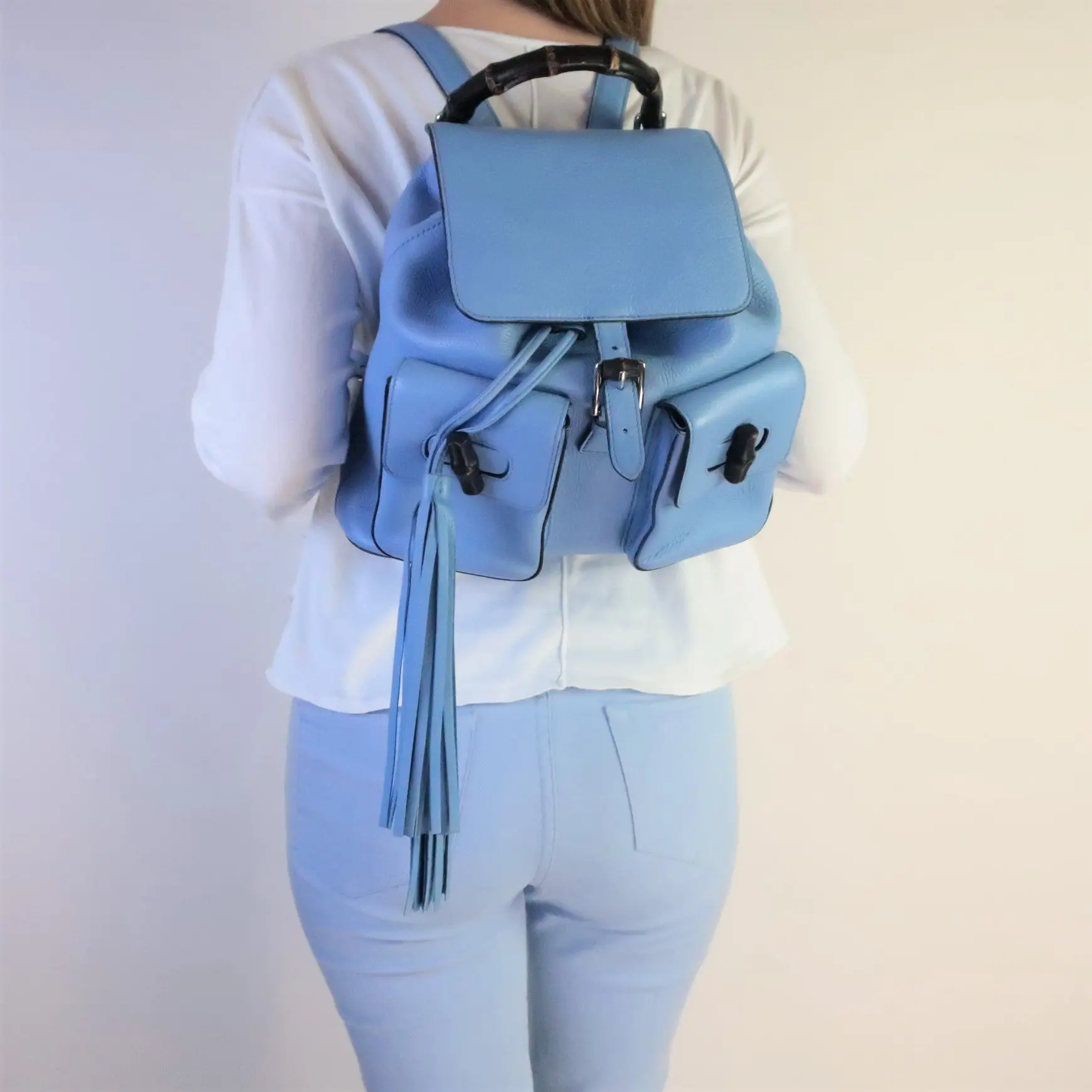 Gucci Calfskin Medium Bamboo Backpack Blue Jeans