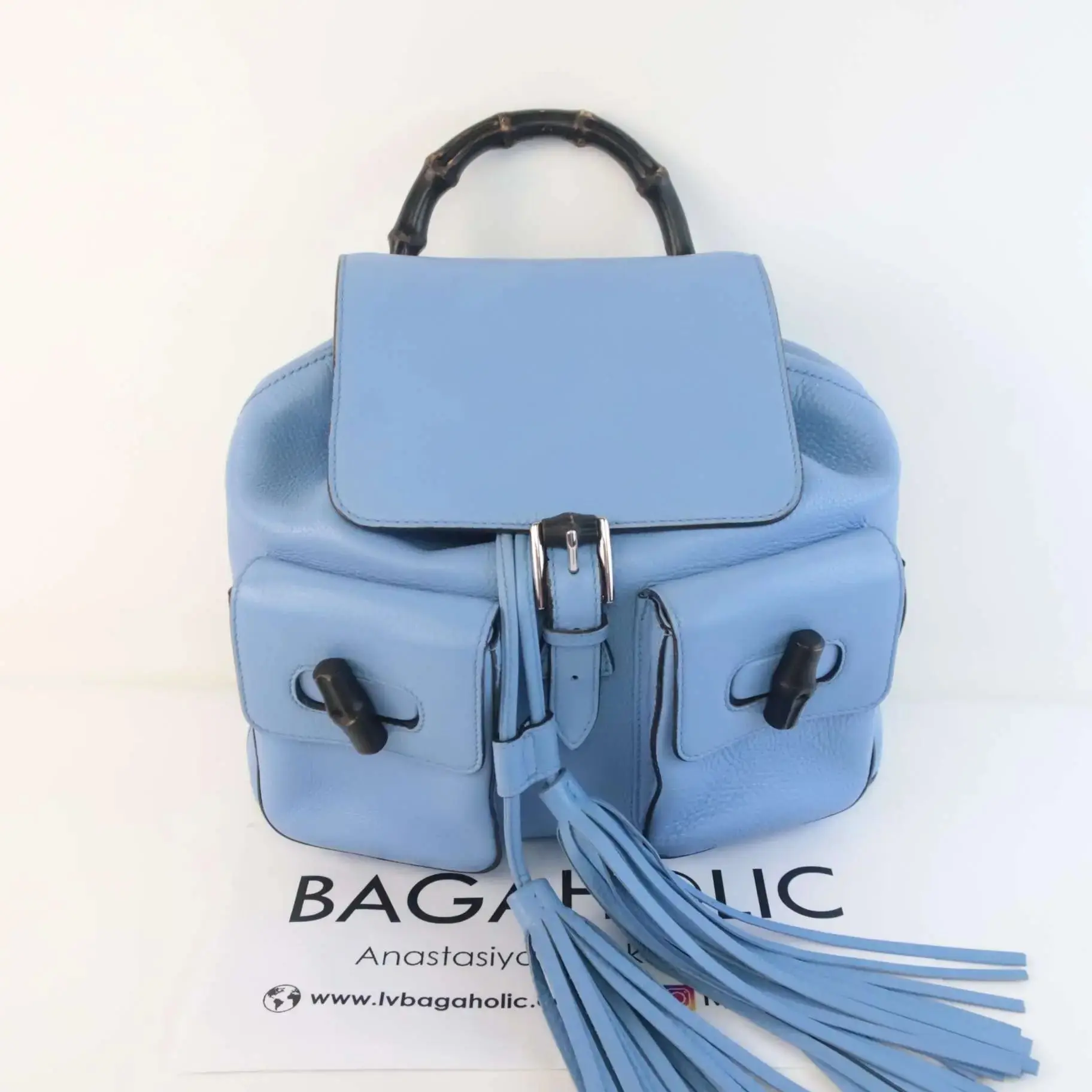 Gucci Calfskin Medium Bamboo Backpack Blue Jeans - Image 3