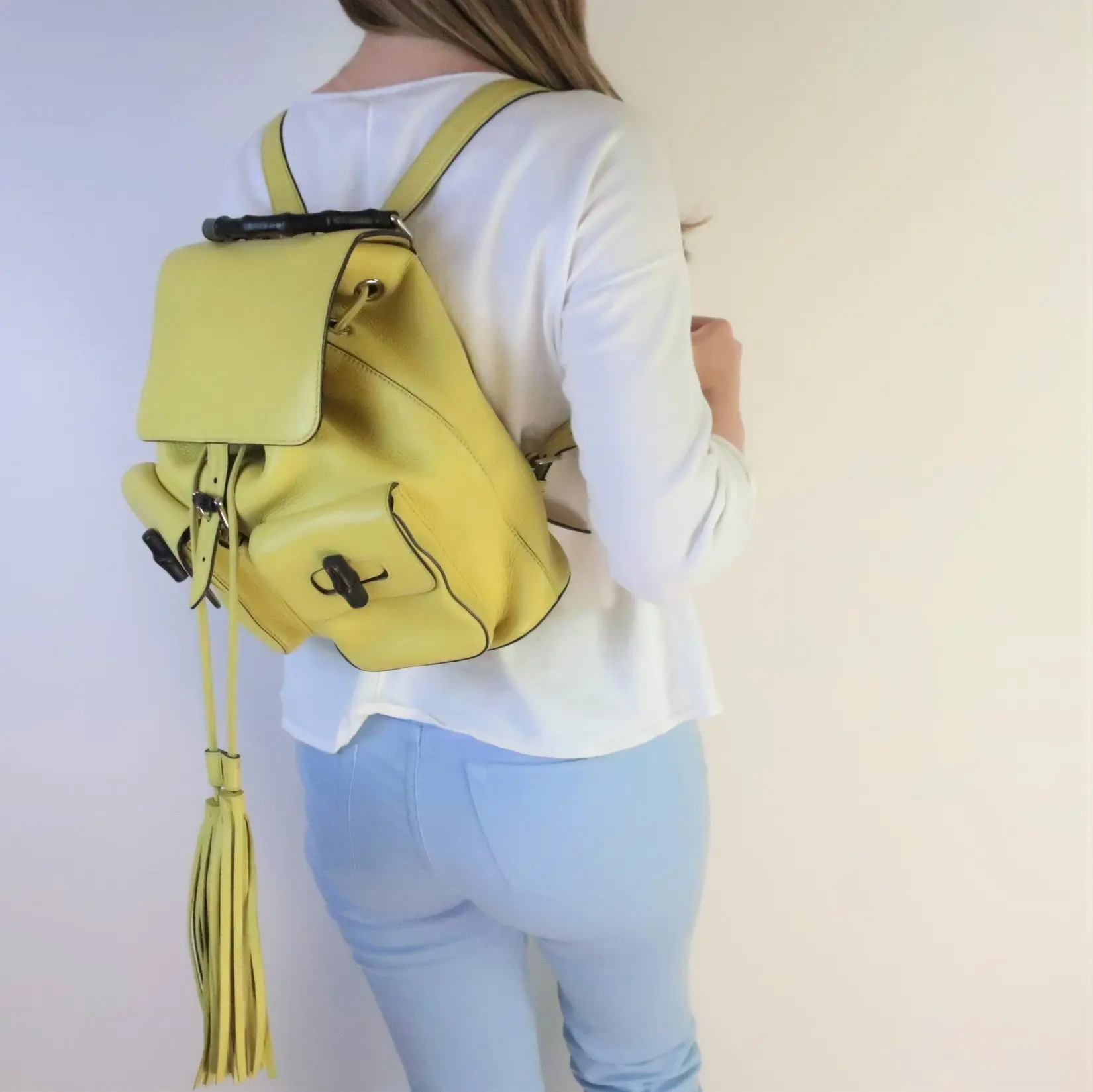 Gucci Calfskin Medium Bamboo Backpack Mimosa Flower