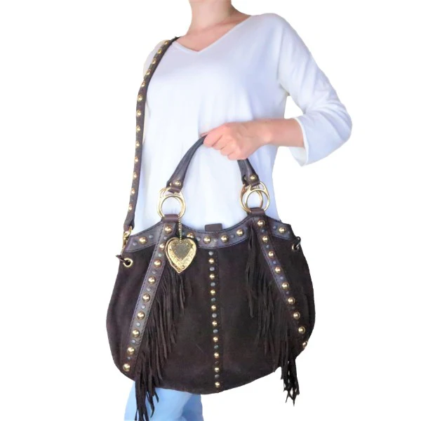 Gucci Runway Brown Suede Babouska Large Fringe Studded Tote bag