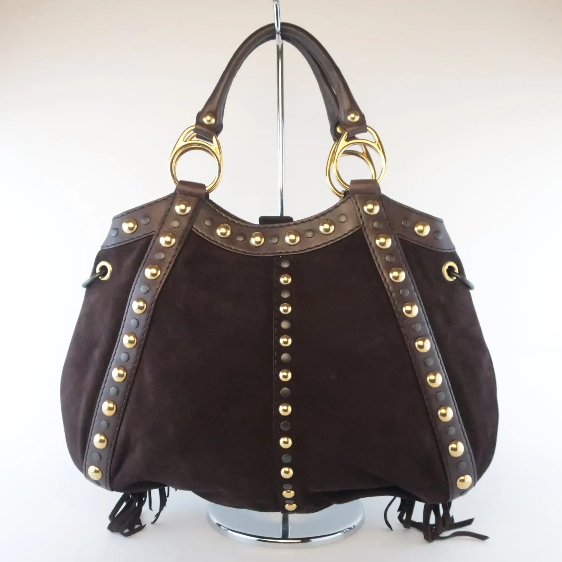 Gucci Runway Brown Suede Babouska Large Fringe Studded Tote bag - Image 4