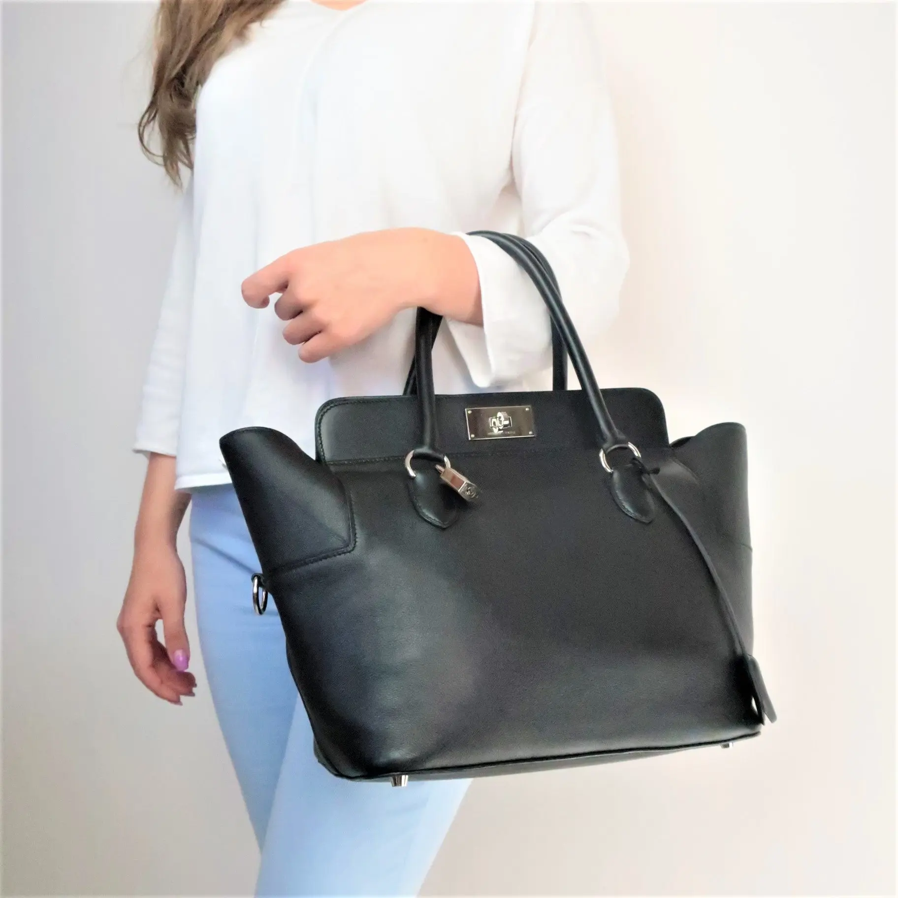Hermes Black Swift Leather Q Square PHW Toolbox 26 Handbag