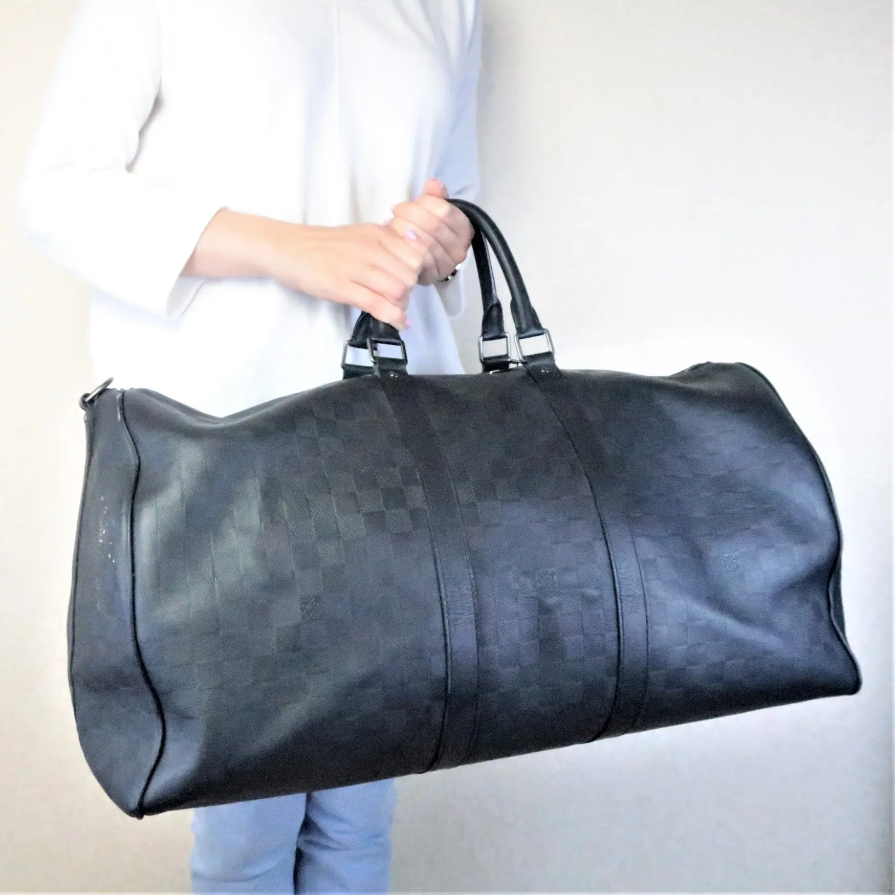 Louis Vuitton Keepall 55 Damier Graphite Black Leather Bag