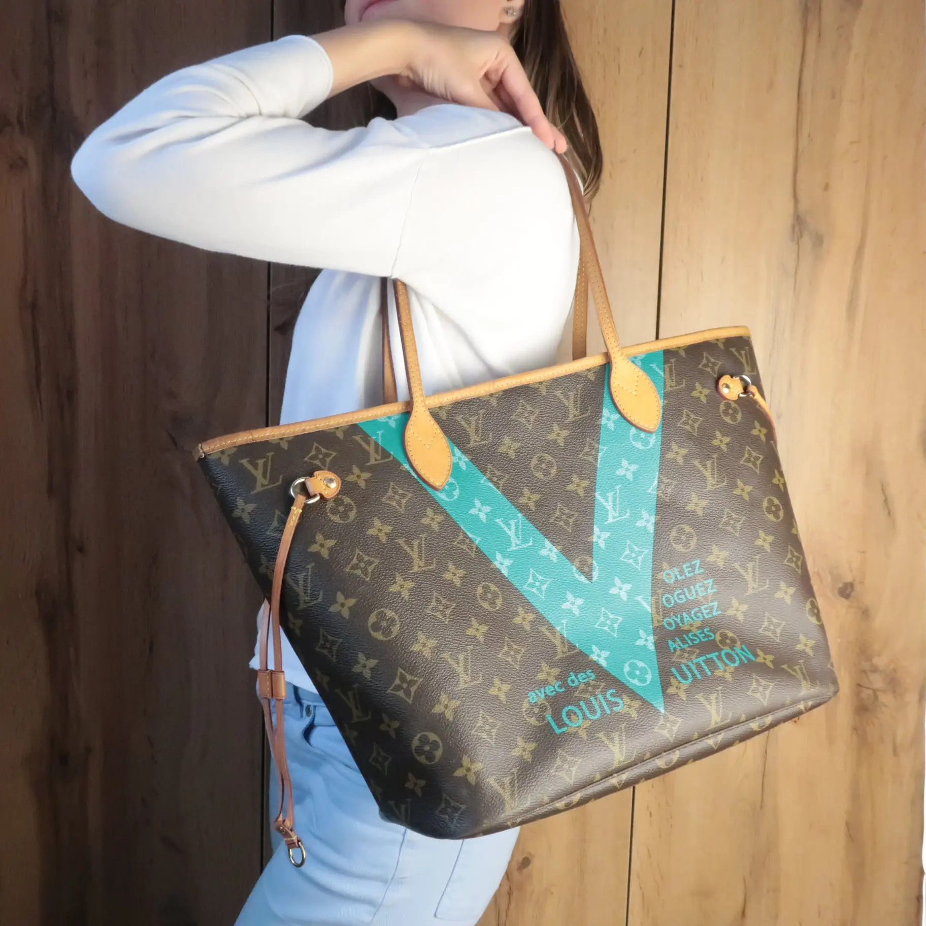 Louis Vuitton Monogram Canvas V Voyage Turquoise Neverfull MM Bag (777)