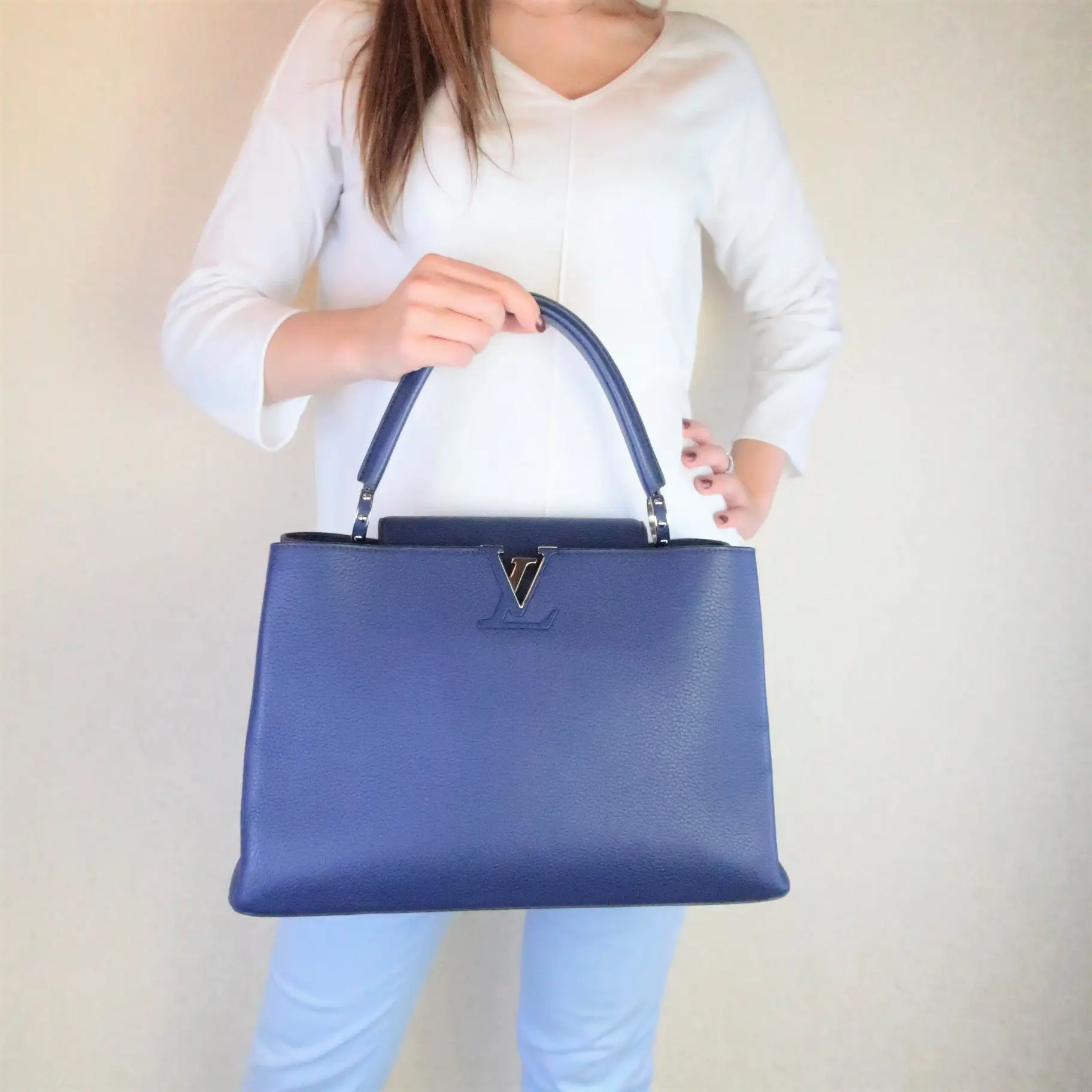 Louis Vuitton Navy Taurillion Leather Capucines MM Bag