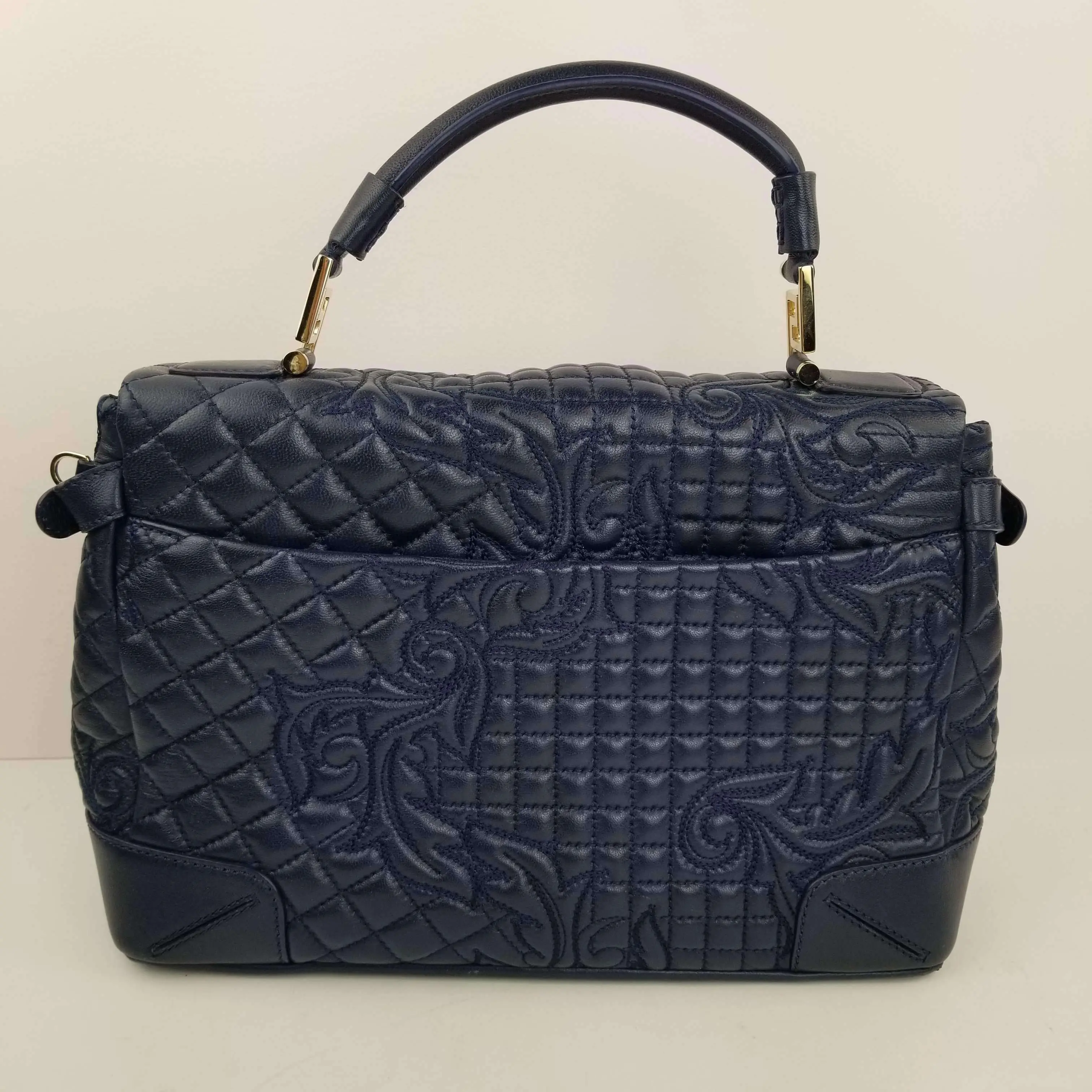 Versace Barocco Embroidered Altea Vanitas Dark Blue Leather Satchel Bag - Image 29