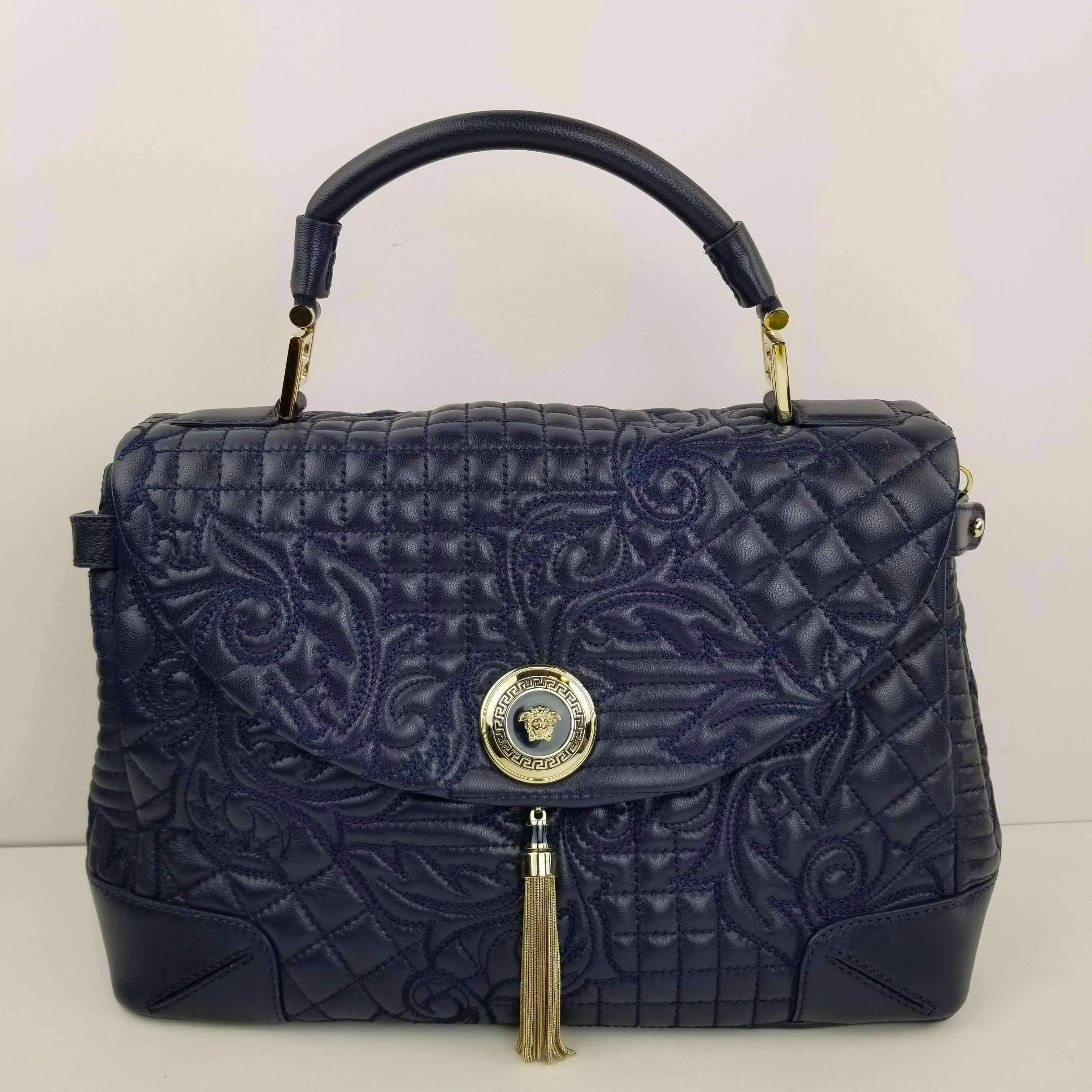 Versace Barocco Embroidered Altea Vanitas Dark Blue Leather Satchel Bag - Image 32