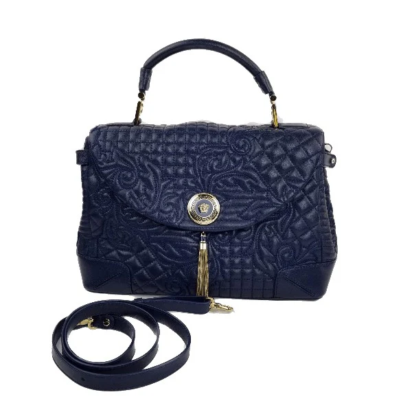 Versace Barocco Embroidered Altea Vanitas Dark Blue Leather Satchel Bag - Image 36