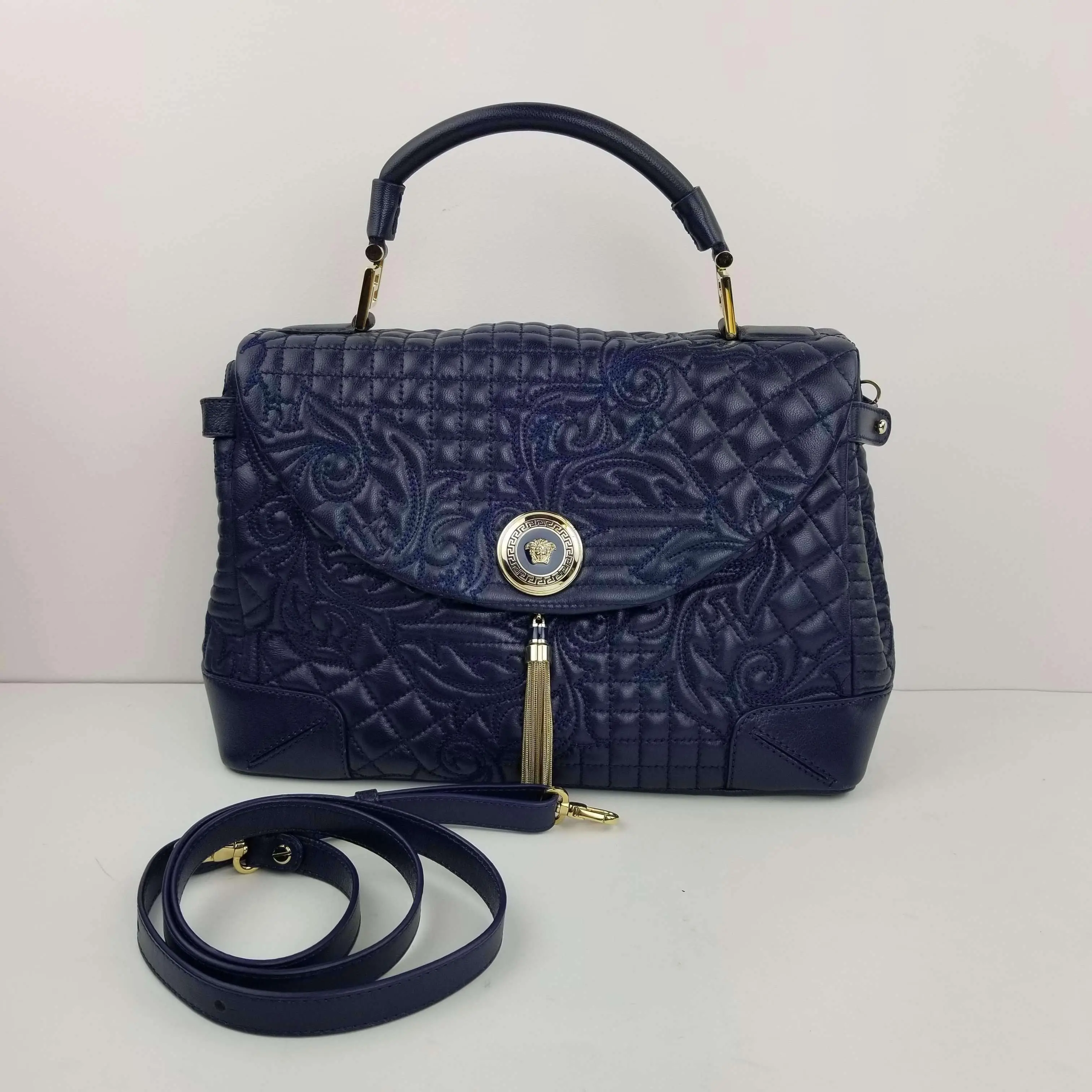 Versace Barocco Embroidered Altea Vanitas Dark Blue Leather Satchel Bag - Image 40