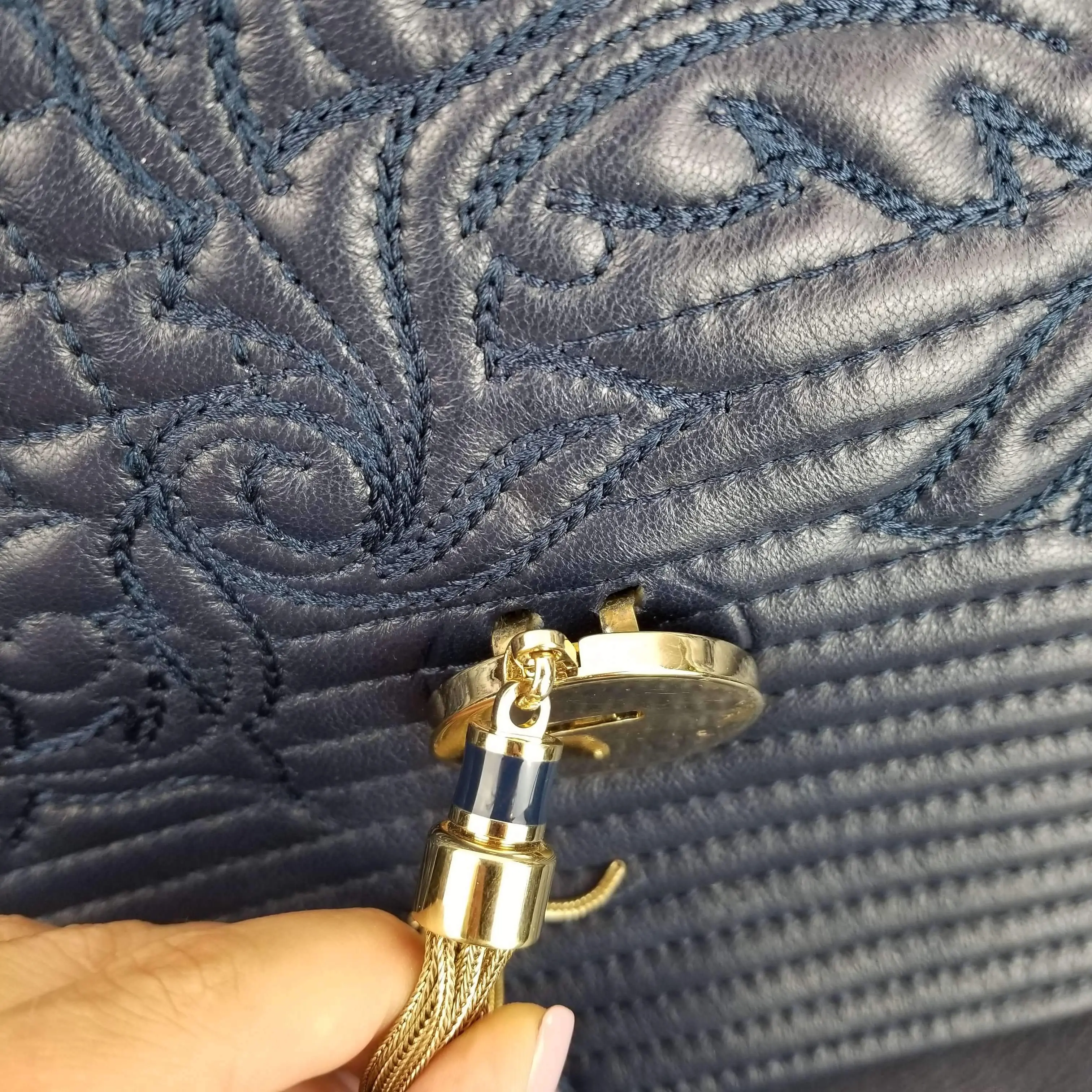 Versace Barocco Embroidered Altea Vanitas Dark Blue Leather Satchel Bag - Image 8