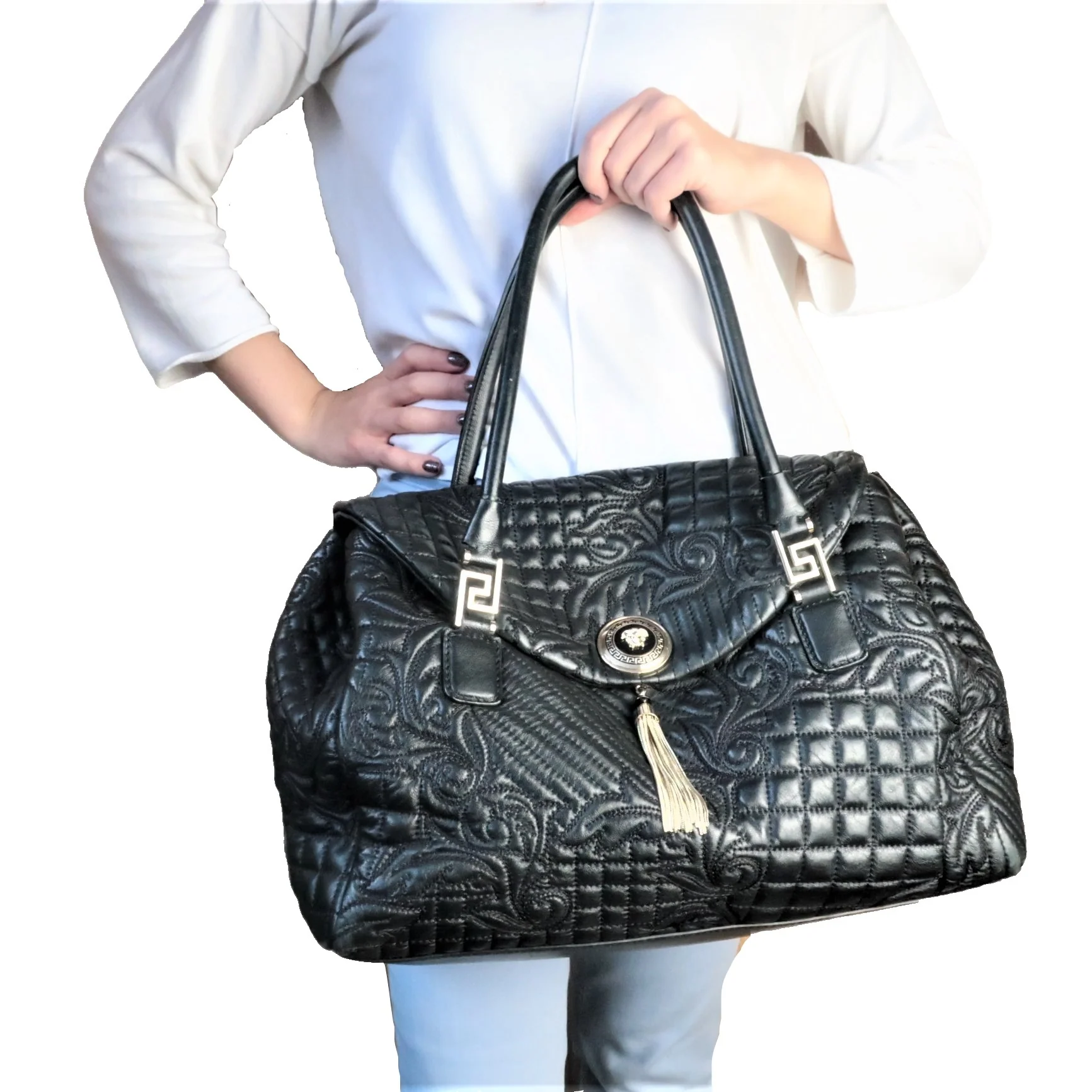 Versace Barocco Embroidered Vanitas Black Leather Double Handle Bag (788)