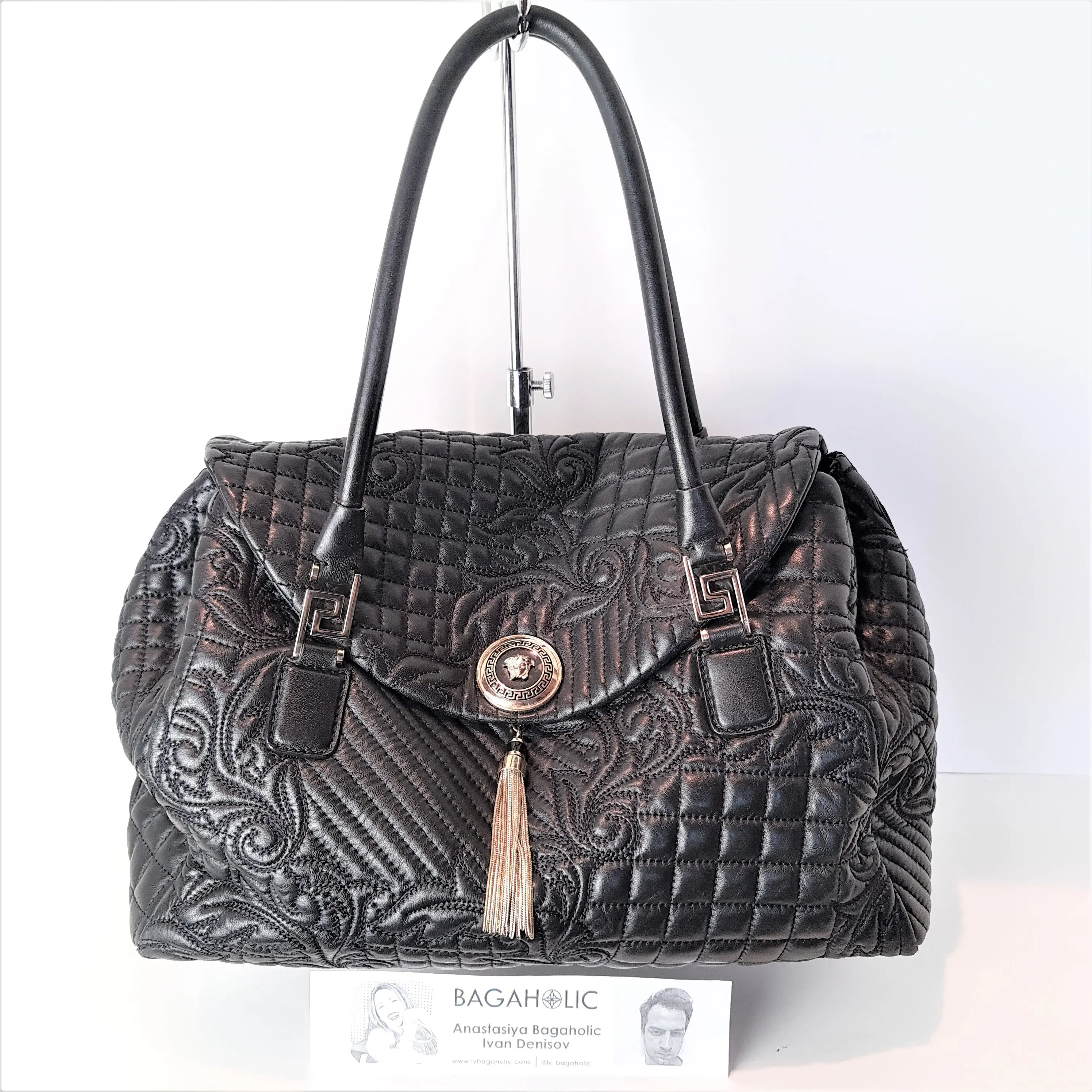 Versace Barocco Embroidered Vanitas Black Leather Double Handle Bag (788) - Image 3