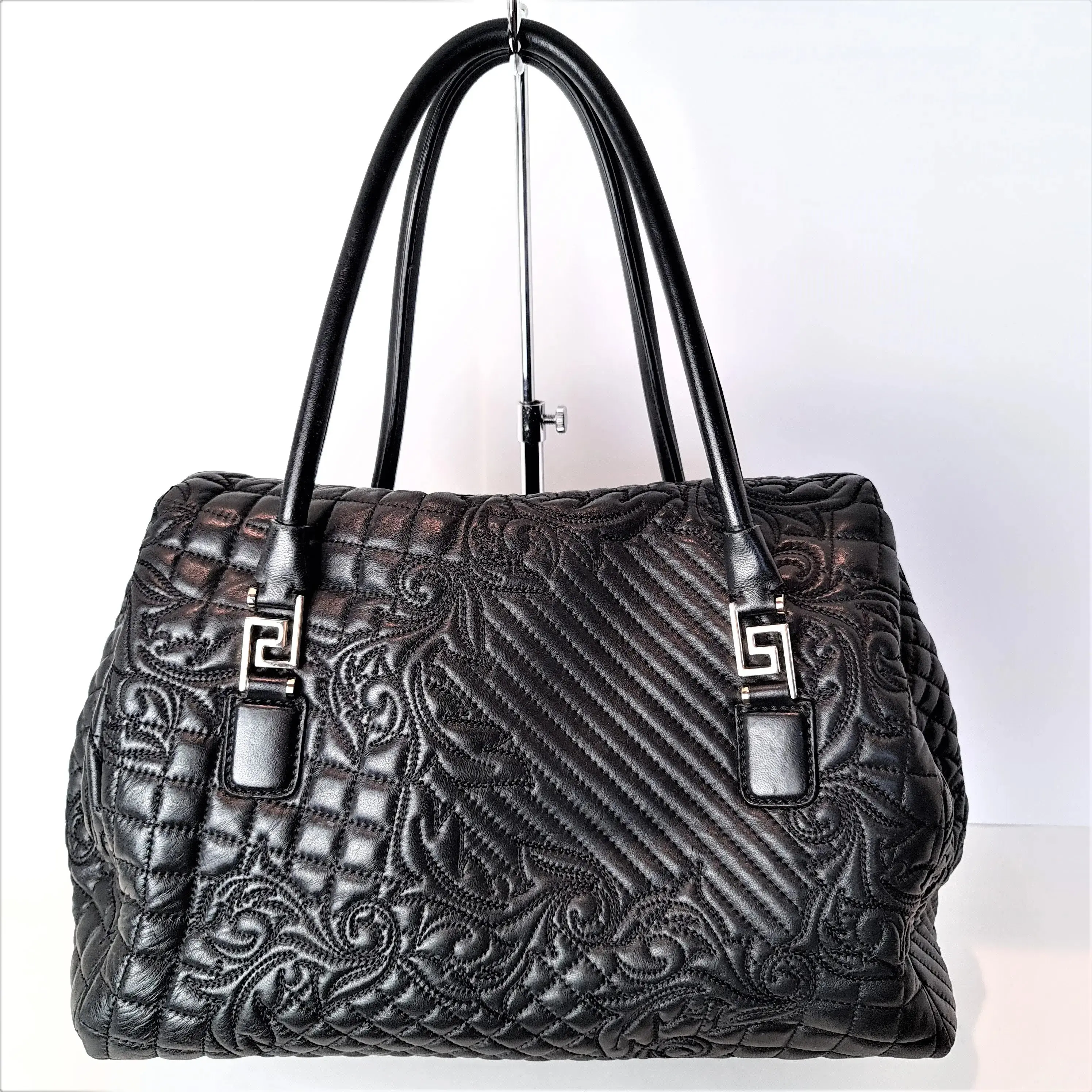 Versace Barocco Embroidered Vanitas Black Leather Double Handle Bag (788) - Image 4