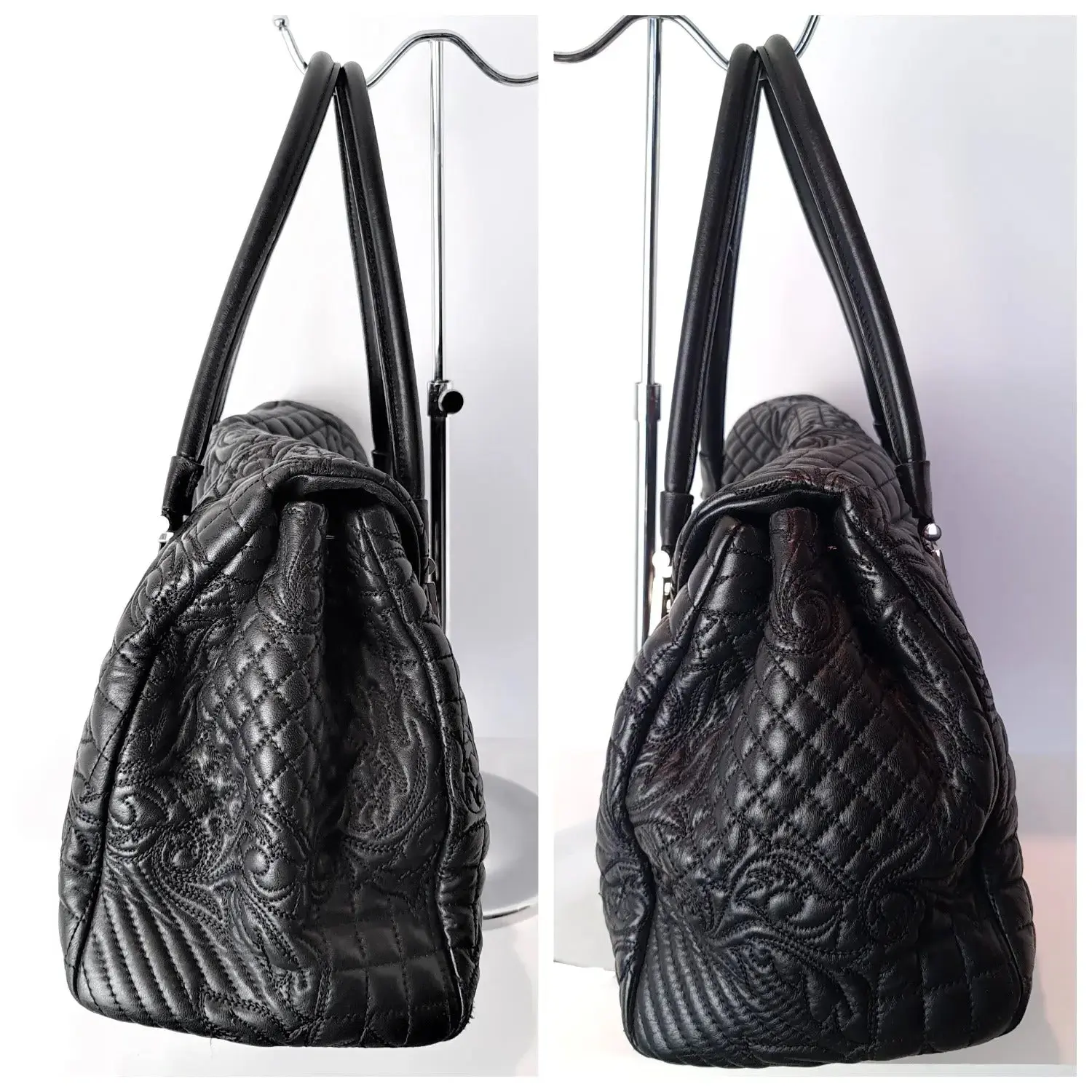 Versace Barocco Embroidered Vanitas Black Leather Double Handle Bag (788) - Image 5