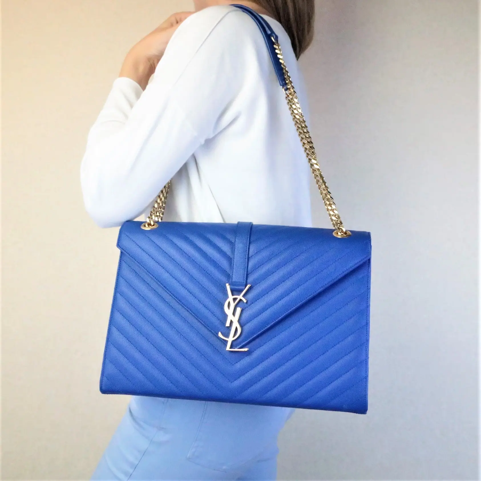YSL Saint Laurent Blue Caviar Large Envelope Bag